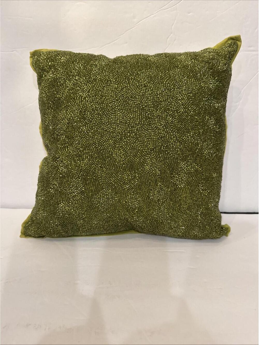 NEW Pier 1 Green Bugle Beads Abstract Circular Accent Throw Pillow  12” Square